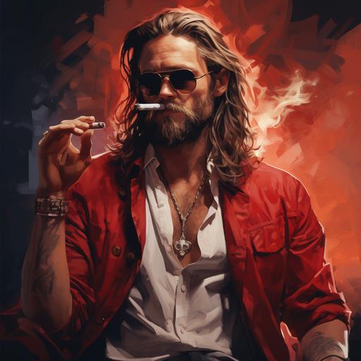 man with brown long hair gomina, colored sunglasses, muscular thin fit body, red suit, jewlery pirate like, small beard, smoking cigarillo