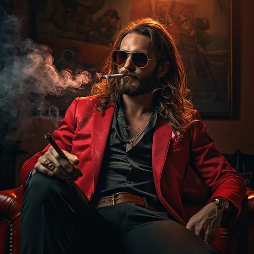 man with brown long hair gomina, colored sunglasses, muscular thin fit body, red suit, jewlery pirate like, small beard, smoking cigarillo sit on a sofa