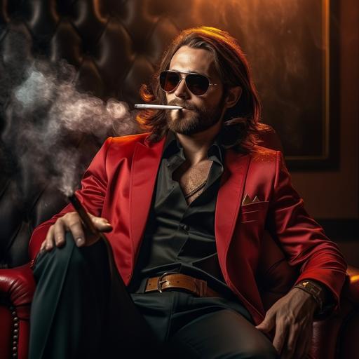 man with brown mid-long hair gomina, colored sunglasses, muscular thin fit body, red suit, jewlery pirate like, small beard, smoking cigarillo sit on a sofa