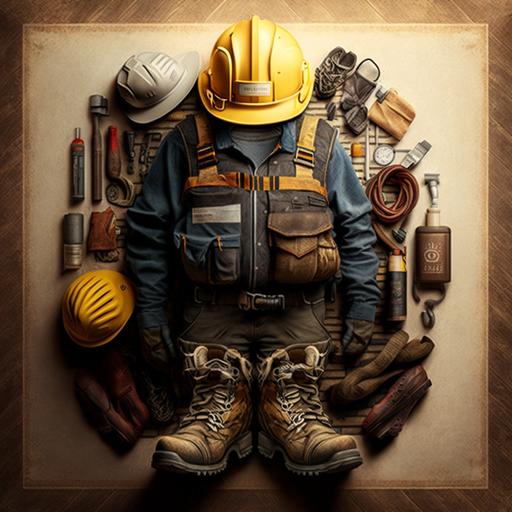 man with helmet, boots, electrician vest, electrician tools, bricklayer, carpenter, plumber and refrigeration technician