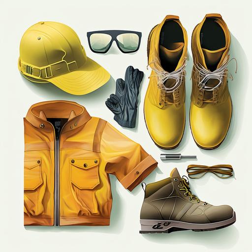man with leather safety shoes with composite toe cap, cowhide gloves, sunscreen, arab safety cap, uniform with reflective bands or reflective vest, illustration, color yellow