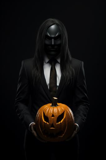 man with long hair, head is a pumpkin, suit, black background, 3d --ar 2:3