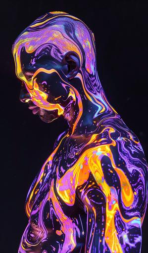 man with marble skin, black and lit with UV orange and purple under a black light effect. Very liquid shape through whole body. extremely colourful and bright. Glossy texture. Black light shines on dark background. Very abstract looking. hyperrealistic in 8k --ar 10:17 --v 6.0