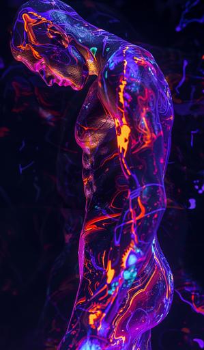 man with marble skin, black and lit with UV orange and purple under a black light effect. Very liquid shape through whole body. extremely colourful and bright. Glossy texture. Black light shines on dark background. Very abstract looking. hyperrealistic in 8k --ar 10:17 --v 6.0