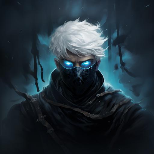 man with short white hair, plain black mask on his face covering his mouth and jaw, bright glowing blue eyes, ninja headband on his forehead, ghostly, fantasy style