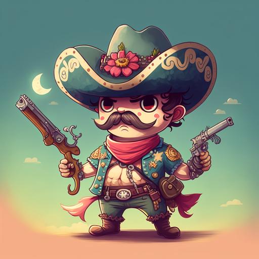 man with sombrero, mustache, guns, cartoon, kawaii