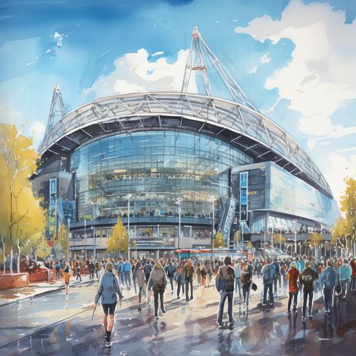 manchester city, mnc stadium, water color, day light with crowd attenting to a foodball match, happy tone, warm color