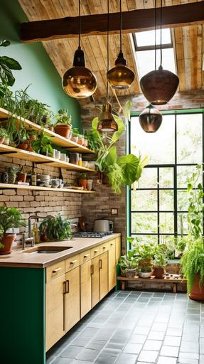 An eco-friendly kitchen with bamboo cabinets, marble countertops, and energy-efficient appliances, an indoor herb garden adds a splash of green, vintage pendant lights hang from the ceiling, Photography, shot with a Canon EOS 5D Mark IV with a 24mm lens, --ar 9:16 --v 5.1