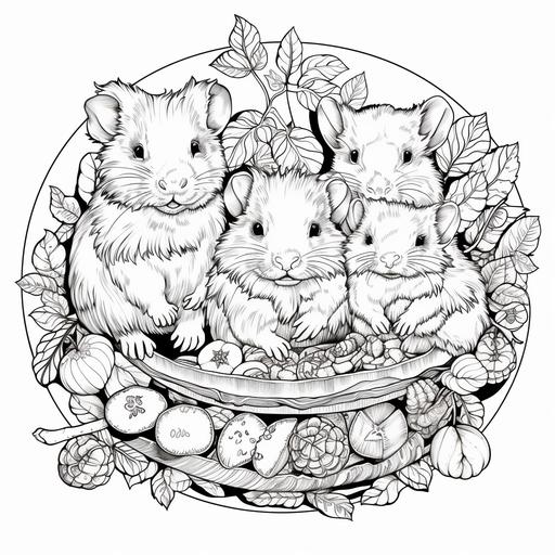 mandala coloring pages, white background and black lines, intricate, guinea pigs all shapes eating