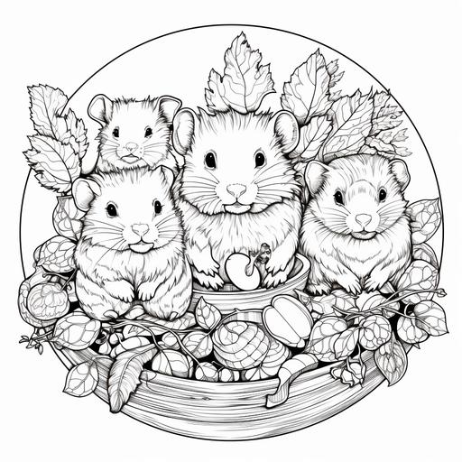 mandala coloring pages, white background and black lines, intricate, guinea pigs all shapes eating