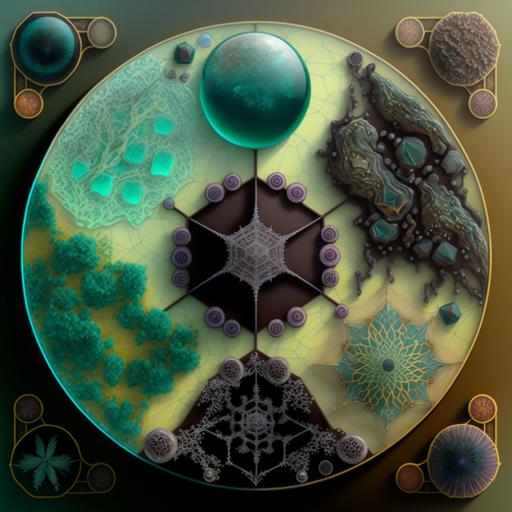 mandala on obsidian + mist + dry ice + tesselations + tile the plane, boundaries can be metallic wire + vine + thread + electric, mandala will be filled with anything natural like moss + fungi + twig + petal + feather + sand + humus + butterfly + seaglass + glassy + crystal + quartz + agate + amythyst, HDR, 8K, theatrical lightingm cinematogrophy, spiritual, ocd, texture, pattern, --v 4 --v 3