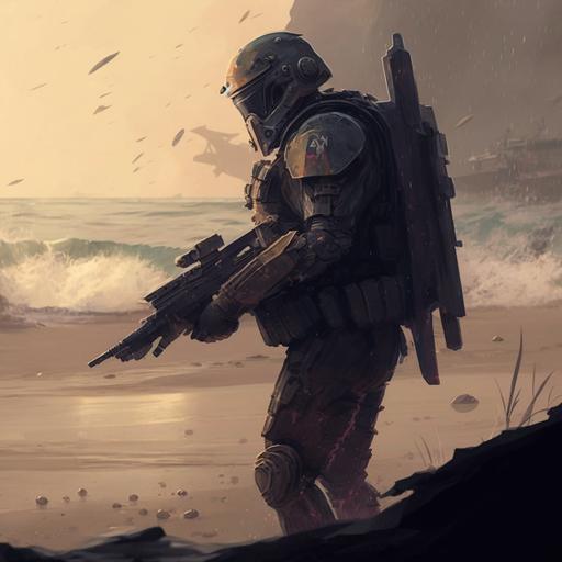 mandalorian soldier in world war 2 stoming the beaches of normandy in a video game concept art style