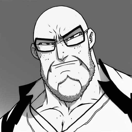 manga character fat bald with a red beard glasses black and white front faced pfp anime bleach