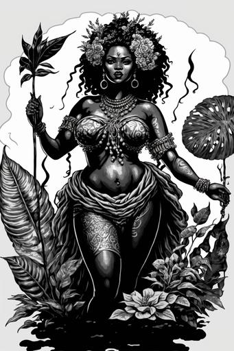 manga style tattoo of african goddess of jungle sorceress from African mythology. fat black woman. full body. black and white. --no background --v 4 --ar 2:3