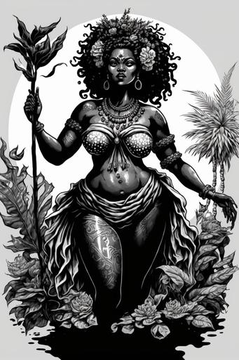 manga style tattoo of african goddess of jungle sorceress from African mythology. fat black woman. full body. black and white. --no background --v 4 --ar 2:3