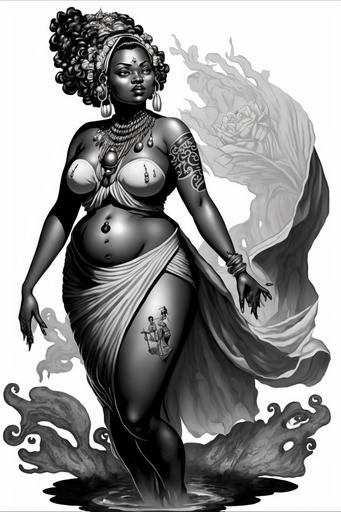 manga style tattoo of african goddess of the rivers from African mythology. fat black woman. full body. black and white. --no background --v 4 --ar 2:3