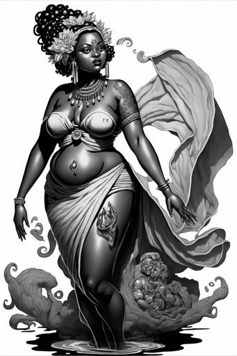 manga style tattoo of african goddess of the rivers from African mythology. fat black woman. full body. black and white. --no background --v 4 --ar 2:3