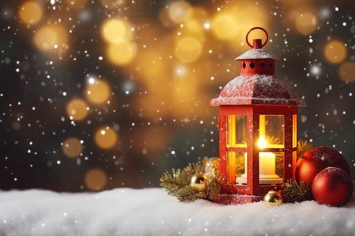 Christmas, lantern on snow, fir, branch, red large decoration ball, eight small balls, star-shaped Christmas tree toy, yellow bokeh in the background, snowing, postcard, HD, --ar 3:2