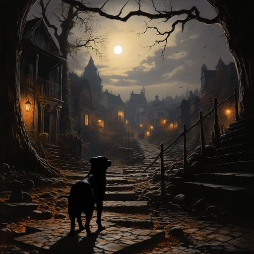 mangy black dog slinks up the 199 steps from the ocean harbor to the old church on the hill at the edge of the village, ashcan gothic, seeds of mystical moonlight give slight illumination to the shadow --s 750