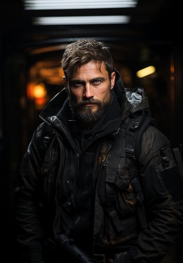 man's fashion, young, really handsome, supermodel, full body, bearded very young actor guy in fully black carbon camo with an a z51 rifle, icinematic intensity, spectacular backdrops, uniformly staged images, rtx, modern and sleek, rangercore, brooding mood --ar 77:111 --s 750 --v 5.2