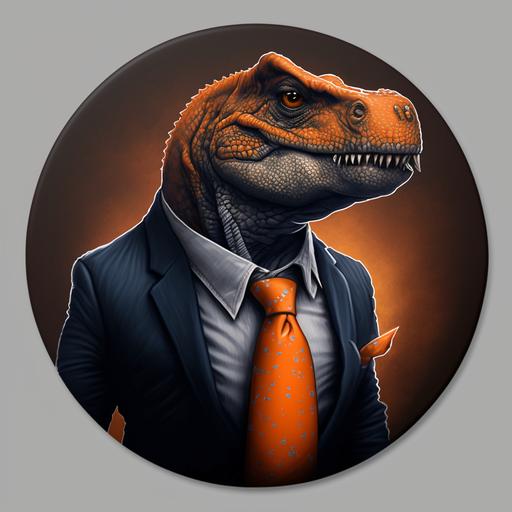 STRONG mini dinosaur with brand shirt real estate for the internet age orange skin gray tie plus logos, thoughts and cell phones, light bulbs, pencils, stars and a motorbike hayle davinson