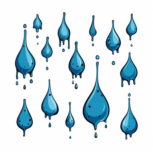 many blue cartoon water drops falling. vector illustration, cartoon, hard black lines. white background