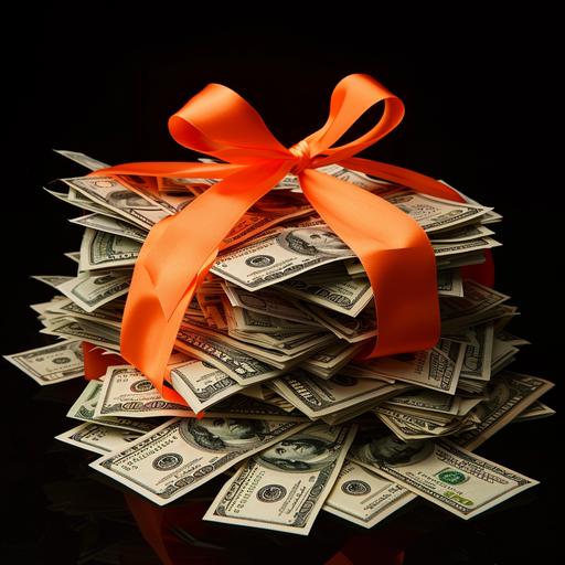 many of dollars piled up with an orange ribbon wrapped around it,vey real photo --v 6.0
