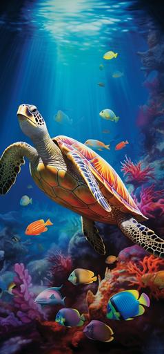 many turtles and colorful fish swimming in the water, in the style of digital airbrushing, serene oceanic vistas, detailed marine views, vibrant murals, naturecore, wimmelbilder, glen orbik --ar 15:32