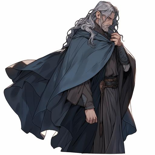 man. Tall height and lean build. Long, curly gray hair that is carelessly tucked back. The eyes sit deep in their orbits and sparkle with intelligence and curiosity. The face shows wrinkles, marks, and scars. A long, elegant cloak of dark, deep blue material that emphasizes his authority and respect in the world of magic. Underneath the cloak, simple but quality clothing is usually visible. --niji