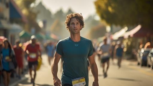 marathon in young man in Carmel, California. Cinematic. Fever dream. Optimistic. Shallow depth of field. --ar 16:9