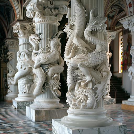 marble columns in a churh carved with dragons