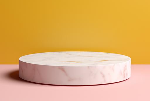marble stand white and yellow on the pink surface, in the style of minimalist stage designs, circular shapes, sketchfab, dark white and light orange, minimalist images, use of common materials, light aquamarine and pink --ar 46:31