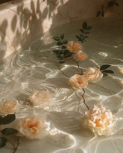 marble tub with water and roses on the water in an ahesthetic composition ultra realistic, volumetric light, photo taken with a sony a7iv, --ar 4:5 --v 6.0 --s 750