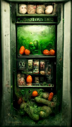 A vending machine stocked with vegetables lettuce carrots eggs steaks chicken and eggs by Giuseppe Arcimboldo  , dimly lit, garish green Venetian plaster walls, liminal space, haunting atmosphere, gothic,  photorealistic, hyperdetailed 3D matte painting, hyperrealism, hyperrealistic, cinematic, silent hill, horror style, 8k ultra HD octane render --ar 9:16