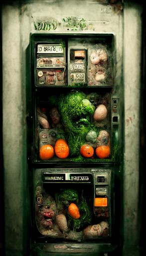 A vending machine stocked with vegetables lettuce carrots eggs steaks chicken and eggs by Giuseppe Arcimboldo  , dimly lit, garish green Venetian plaster walls, liminal space, haunting atmosphere, gothic,  photorealistic, hyperdetailed 3D matte painting, hyperrealism, hyperrealistic, cinematic, silent hill, horror style, 8k ultra HD octane render --ar 9:16