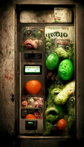 A vending machine stocked with vegetables lettuce carrots eggs steaks chicken and eggs by Giuseppe Arcimboldo  , dimly lit, garish green Venetian plaster walls, liminal space, haunting atmosphere, gothic,  photorealistic, hyperdetailed 3D matte painting, hyperrealism, hyperrealistic, cinematic, silent hill, horror style, 8k ultra HD octane render --ar 9:16