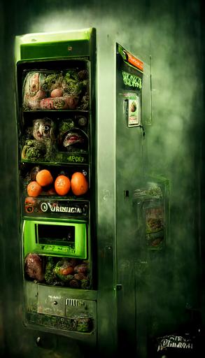 A vending machine stocked with vegetables lettuce carrots eggs steaks chicken and eggs by Giuseppe Arcimboldo  , dimly lit, garish green Venetian plaster walls, liminal space, haunting atmosphere, gothic,  photorealistic, hyperdetailed 3D matte painting, hyperrealism, hyperrealistic, cinematic, silent hill, horror style, 8k ultra HD octane render --ar 9:16