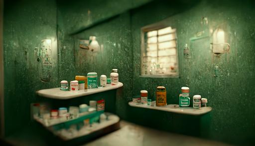 prescription bottles, toothpaste, eyedrops in a medicine cabinet in a vintage 1950s bathroom, dimly lit, garish green Venetian plaster walls, liminal space, haunting atmosphere, gothic,  photorealistic, hyperdetailed 3D matte painting, hyperrealism, hyperrealistic, cinematic, silent hill, horror style, 8k ultra HD octane render --ar 16:9