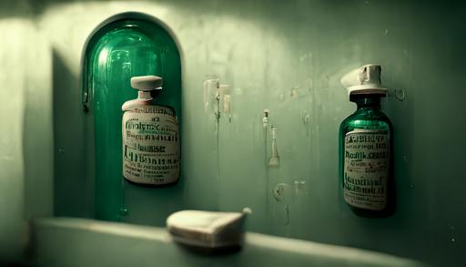 prescription bottles, toothpaste, eyedrops in a medicine cabinet in a vintage 1950s bathroom, dimly lit, garish green Venetian plaster walls, liminal space, haunting atmosphere, gothic,  photorealistic, hyperdetailed 3D matte painting, hyperrealism, hyperrealistic, cinematic, silent hill, horror style, 8k ultra HD octane render --ar 16:9