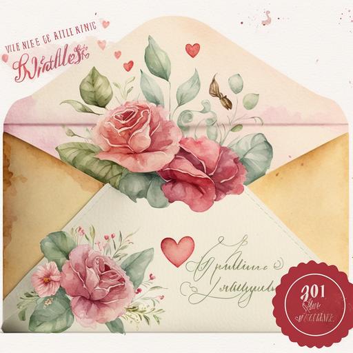 Valentine Vintage Envelope Watercolor Clipart, details