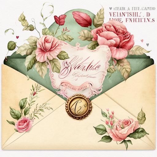 Valentine Vintage Envelope Watercolor Clipart, details