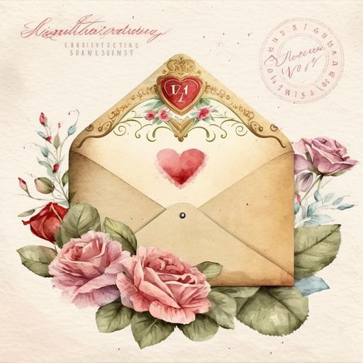 Valentine Vintage Envelope Watercolor Clipart, details