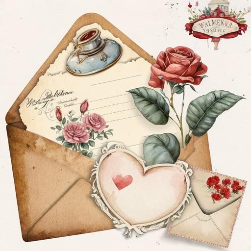 Valentine Vintage Envelope Watercolor Clipart, details