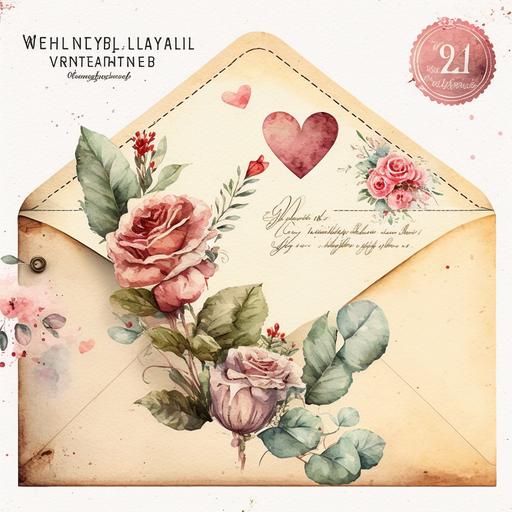 Valentine Vintage Envelope Watercolor Clipart, details