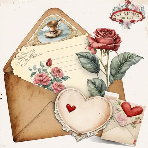 Valentine Vintage Envelope Watercolor Clipart, details