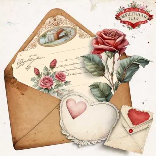 Valentine Vintage Envelope Watercolor Clipart, details