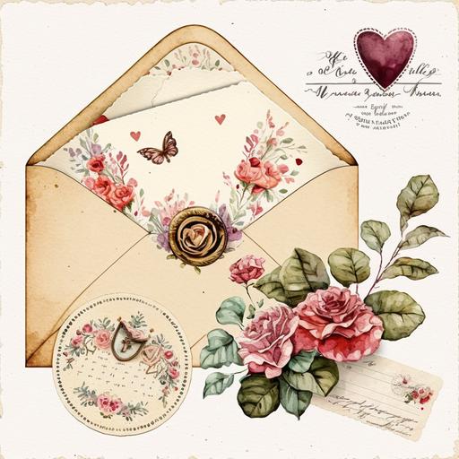 Valentine Vintage Envelope Watercolor Clipart, details