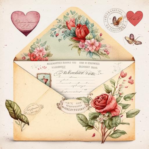 Valentine Vintage Envelope Watercolor Clipart, details