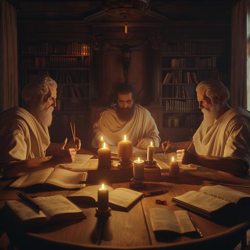 marcus aurelius, Jesus Christ, St Benedict, Epictetus, all sitting together at round table with candles books, quills and ink on the table. planning a meeting to save the nations of people worldwide. 4k
