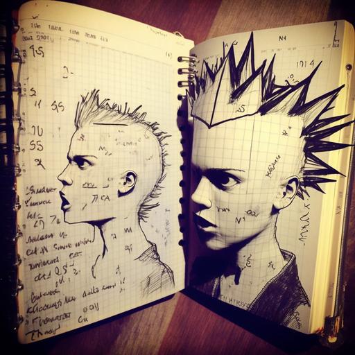 marginalia, punk drawings on a math notebook